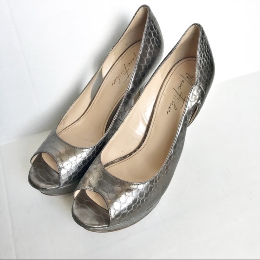 Marc Fisher Metallic Peep Toe 3” Heels with snake skin design, 9.5